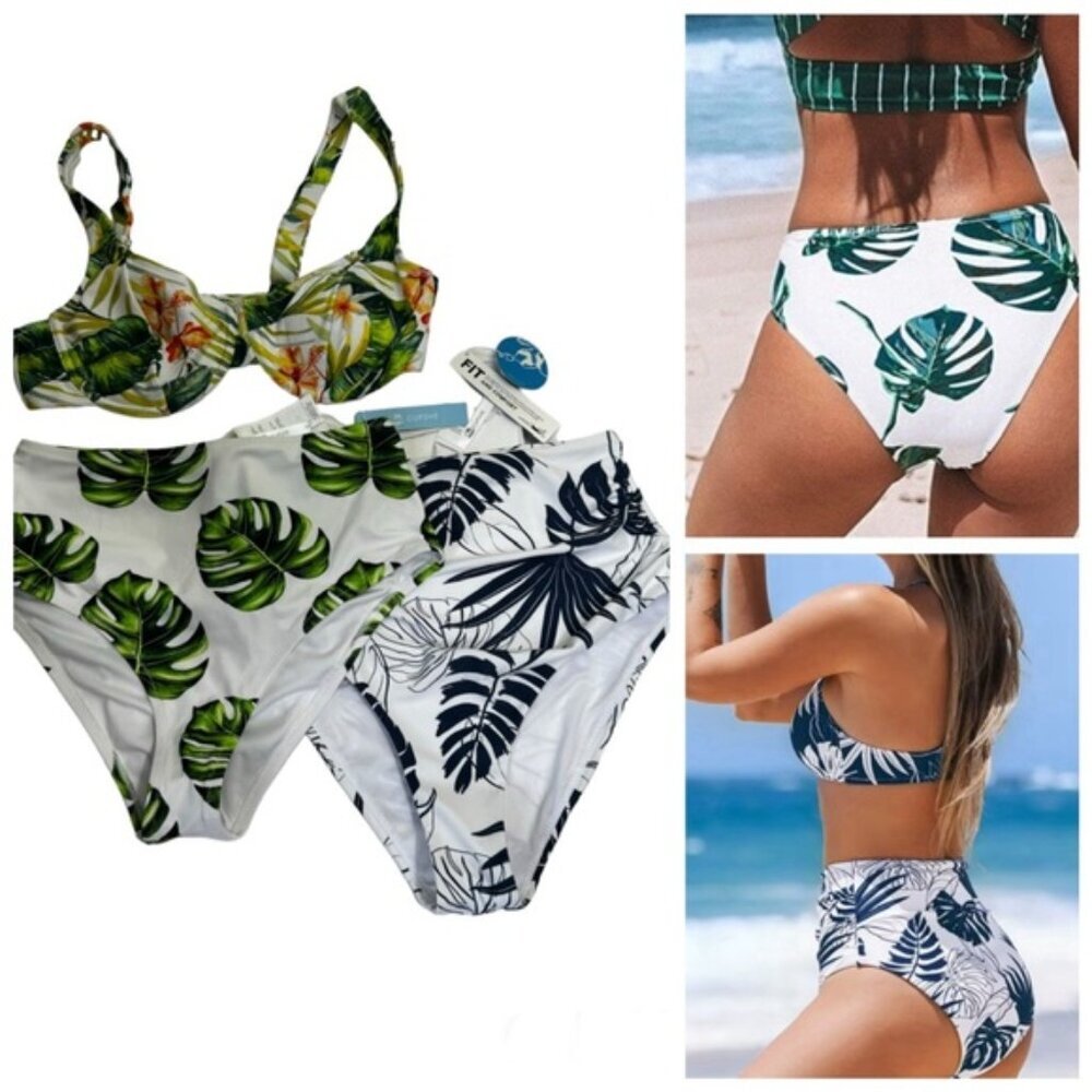 Cupshe NEW Leafy Tropical Floral 3 Piece High Waisted Bikini Padded Bra Swimsuit
